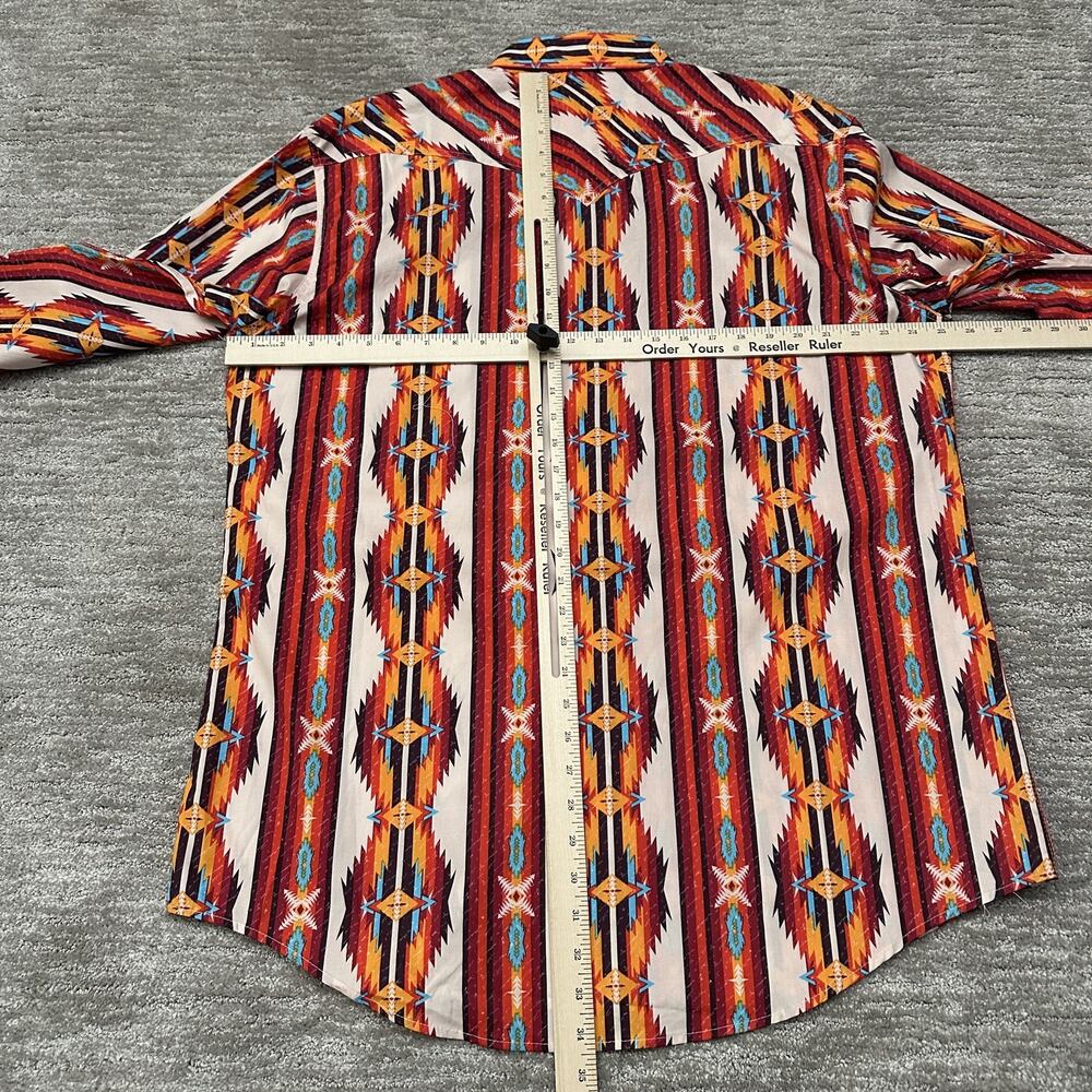 Rock & Roll Denim Shirt Mens XL Orange Blue Western Pearl Snap Aztec Retro - Picture 10 of 12